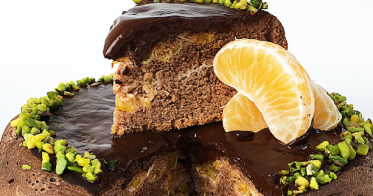 Pancake al mandarino, cioccolato fondente e pistacchi.